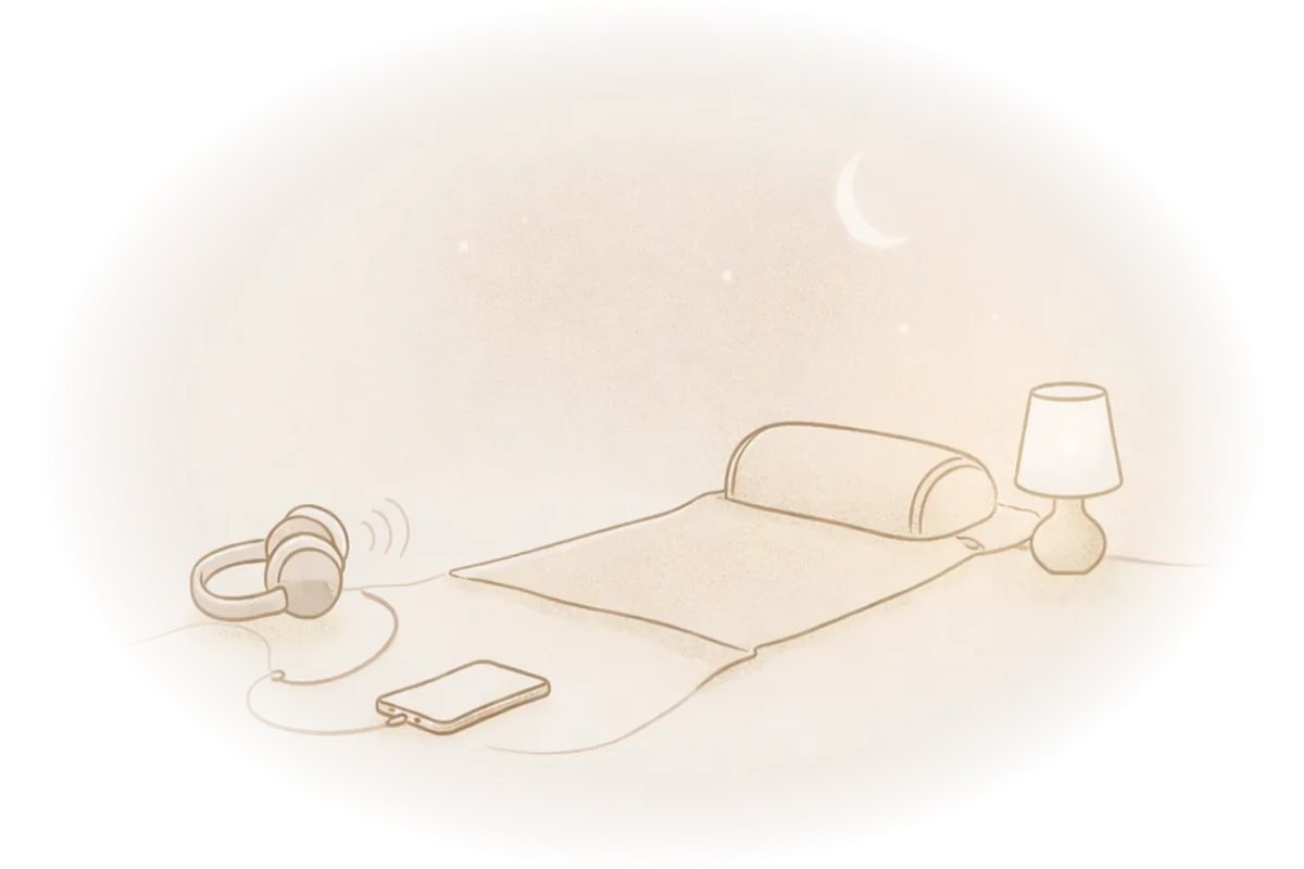 Illustration of a quiet resting setup with headphones, a mat, a pillow, and a lamp.